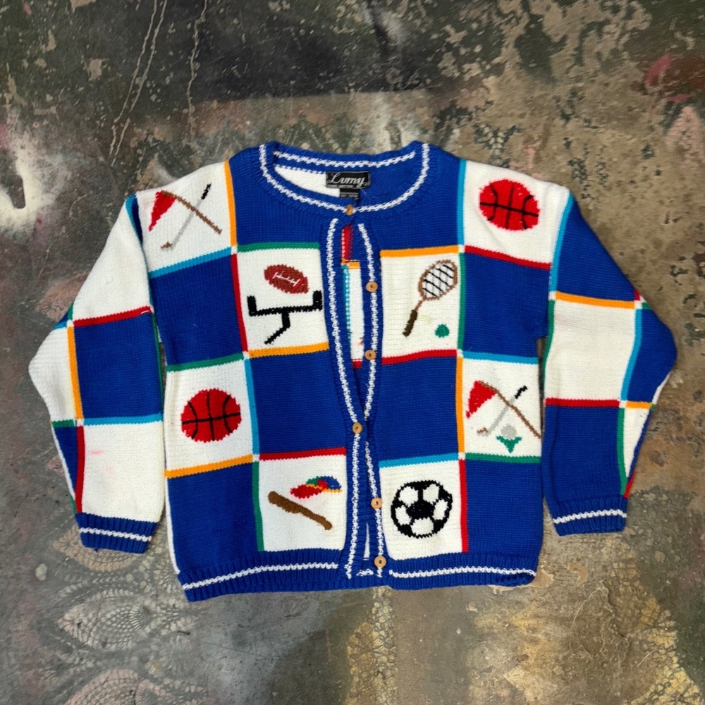 Vintage 90s Lumy Hand Knit Peru 100% Cotton Sports Patchwork Cardigan Sweater